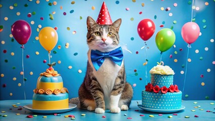 Fototapeta premium A cat in a colorful party hat and bow tie sits atop a bright blue cake with candles.