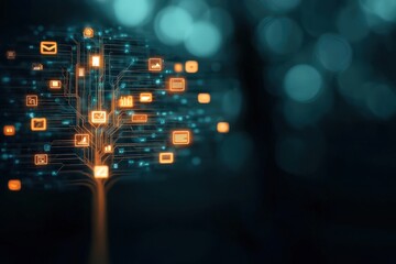 A Vibrant Abstract Tree Illuminated by Digital Icons Representing Connectivity and Innovation