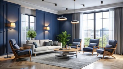 Fototapeta premium Modern living room interior with blue walls and wooden furniture featuring a large window with a view of the city