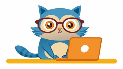 A cute cat wearing glasses is sitting on the laptop with a white background. An owl with glasses and a surprised look. high-quality vector illustration.