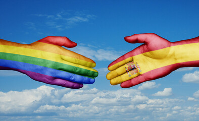 Spain and LGBT movement country handshaking with flags, consensus concept international co-operation illustration