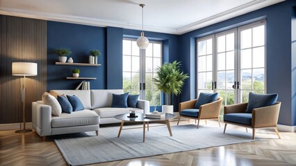 Fototapeta premium Modern living room interior with blue walls and wooden furniture featuring a large window with a view of the city