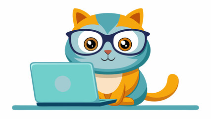 A cute cat wearing glasses is sitting on the laptop with a white background. An owl with glasses and a surprised look. high-quality vector illustration.