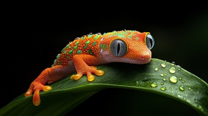 Gecko on Leaf: A vibrant orange gecko with bright blue eyes perched on a green leaf, its speckled skin glistening with dew drops.