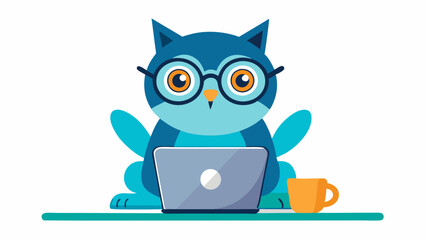 A cute cat wearing glasses is sitting on the laptop with a white background. An owl with glasses and a surprised look. high-quality vector illustration.