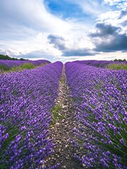 Fototapeta premium A serene lavender field under a cloudy sky, showcasing rows of vibrant purple flowers, perfect for relaxation and nature themes.