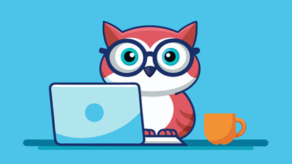 A cute cat wearing glasses is sitting on the laptop with a white background. An owl with glasses and a surprised look. high-quality vector illustration.