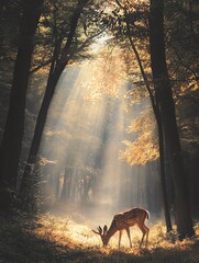 A serene deer grazes in a sunlit forest, surrounded by majestic trees and gentle rays of light filtering through the leaves.