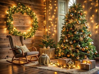 Obraz premium A cozy Christmas studio glows with a beautifully decorated tree, ornaments, garlands, and a vintage sleigh shining bright with glittering lights and lush greenery.