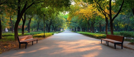 Tranquil Tree-Lined Street with Wooden Park Bench