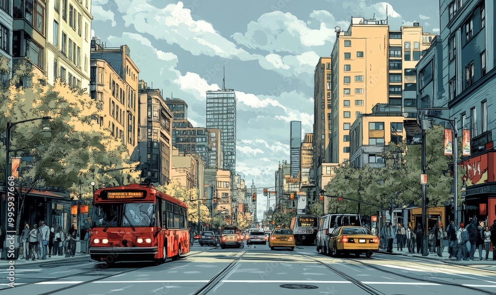 Wall mural An illustration of a bustling city street in a comic book style, Generative AI