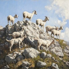 Fototapeta premium A scenic view of a group of goats standing on rocky terrain under a clear blue sky, showcasing natural beauty and wildlife.