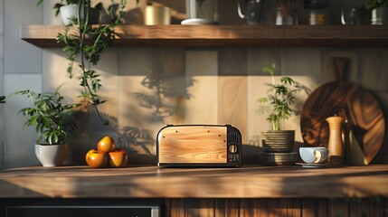 A wooden toaster is elegantly placed on a sleek countertop adorned with vibrant plants and fresh apples in a modern kitchen