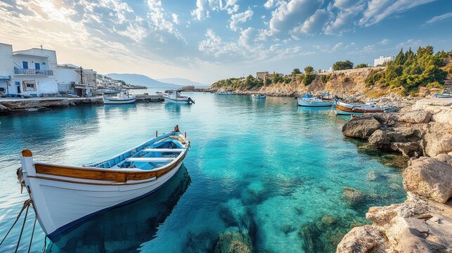 Mediterranean Marina: Tranquil Harbor Scene with Moored Boat