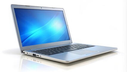 Sleek and modern laptop computer is shown with a blank screen, providing a clean and versatile background for technology related concepts