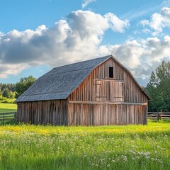 Obraz premium A rustic wooden barn stands amidst lush green grass under a bright blue sky, embodying the charm of rural landscapes.