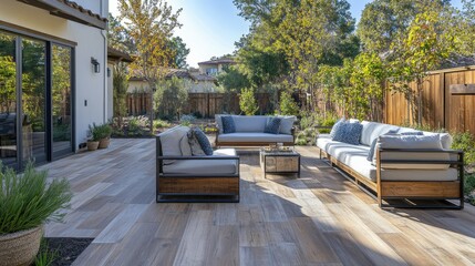 An outdoor patio with oak tile flooring and comfortable seating, blending the natural look of wood with outdoor living