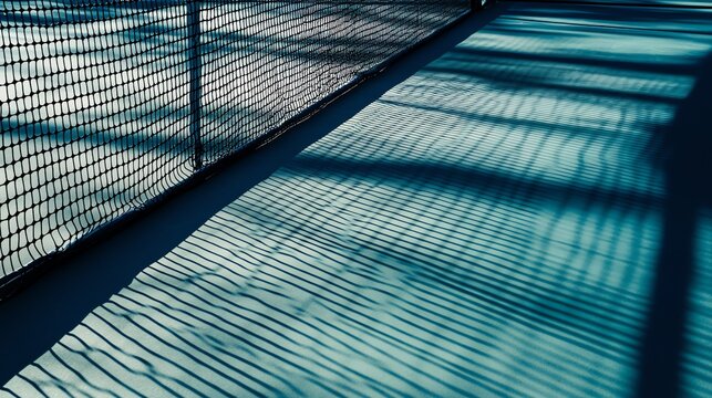 A tennis net casts a shadow on a court.