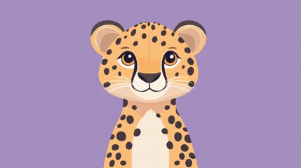 A cartoon cheetah with spots and a confident expression, isolated on a pastel purple background