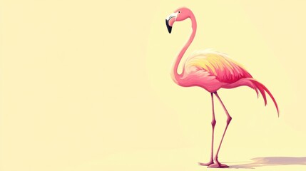 A cartoon flamingo standing on one leg, isolated on a soft pastel yellow background