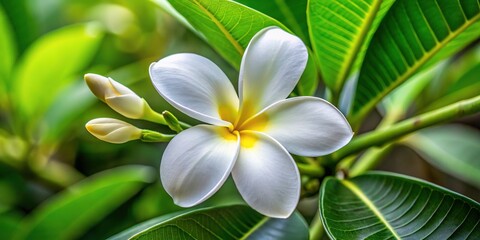 Obraz premium A delicate white pikake flower blooms before us, its soft petals unfolding like silk, while green leaves provide a lush backdrop for its sweet fragrance.