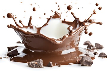 Fototapeta premium Chocolate and milk splash. Chocolate splash closeup isolated on white background with clipping path with generative ai