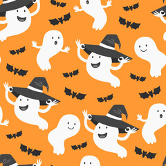 Ghosts and Bats in Witch Hats Pattern