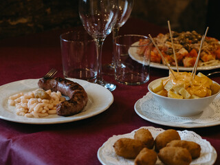 christmas table setting with champagne