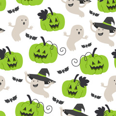 Seamless Halloween Pattern with Green Pumpkin Lanterns and Ghosts in Witch Hats