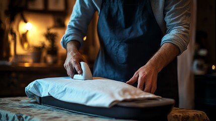 Fototapeta premium A person ironing a shirt on a wooden table in a cozy, dimly lit room, showcasing attention to detail and care.