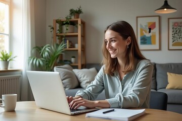 Woman Working from Home on Laptop: Professional Remote Work Setup in Cozy Living Room with Natural Light