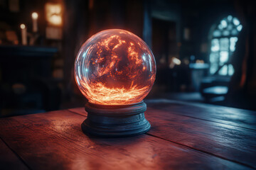 A mystical crystal ball glows with fiery energy, resting on a rustic wooden table in a dimly lit room.