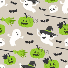 Seamless Halloween Pattern with Green Pumpkin Lanterns and Ghosts
