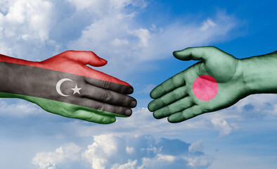 Bangladesh and Libya country handshaking with flags, consensus concept international co-operation illustration