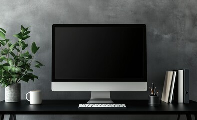 Fototapeta premium A computer monitor sits on a desk with a potted plant and a bookcase