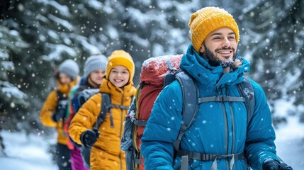 A family enjoying a winter hike, bundled in colorful winter gear against a snowy backdrop.