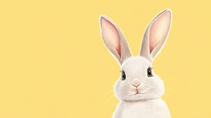 Fototapeta premium A cartoon portrait of a playful bunny with big ears, set against a pastel yellow background