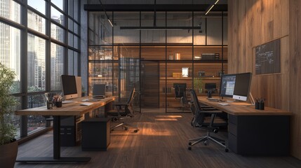 A modern office with wood walls, desks, and chairs. It has computers, shelves, and big windows looking out at the city. This design shows the idea of a shared workspace.
