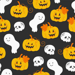 Seamless Halloween Pattern with Pumpkin Lanterns and Ghosts on a dark background
