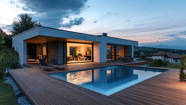 A large house with a pool and a deck