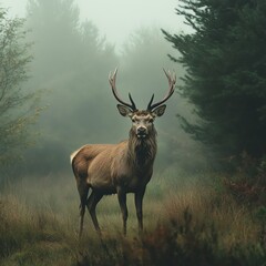 Obraz premium A majestic stag stands proudly in a misty forest, surrounded by trees and greenery, embodying the beauty of nature.
