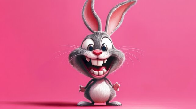 A cartoon rabbit with big teeth and a cheerful expression, standing out on a pastel pink background