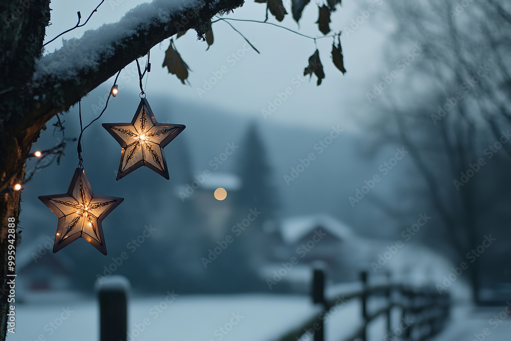 Sticker Magical European Winter Landscape with Christmas Star Lanterns and Snow