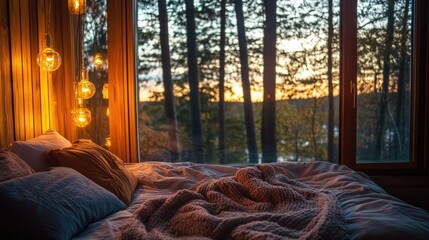 Cozy bedroom setup with a large window overlooking a forest, warm lighting, and soft bedding.