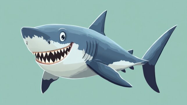 A cartoon shark with sharp teeth but a friendly grin, isolated on a pastel green background