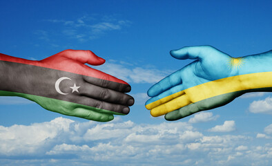 Republic of Rwanda and Libya country handshaking with flags, consensus concept international co-operation illustration