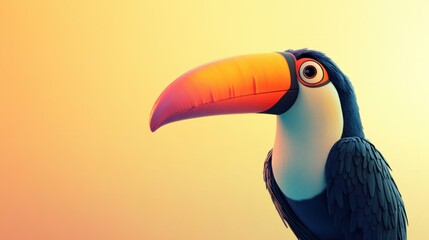 Obraz premium A cartoon toucan with a large colorful beak, isolated on a soft pastel yellow background