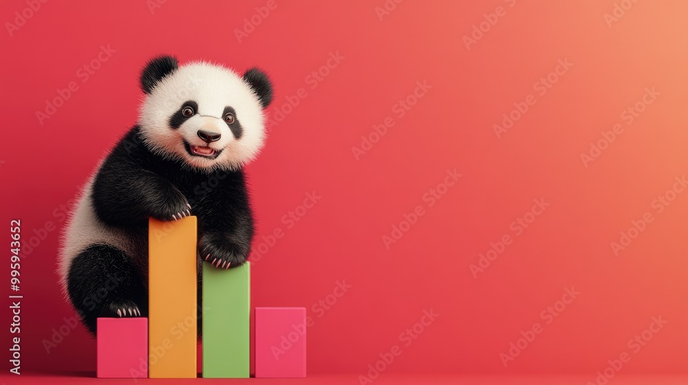 Poster data analysis concept with a panda climbing bar graphs, illustrating the use of pandas library.
