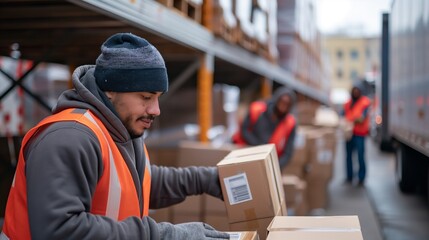 Fototapeta premium Workers load packages in a warehouse, focusing on logistics and distribution tasks.