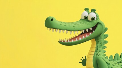 A cheerful cartoon crocodile with a long snout, isolated on a pastel yellow background
